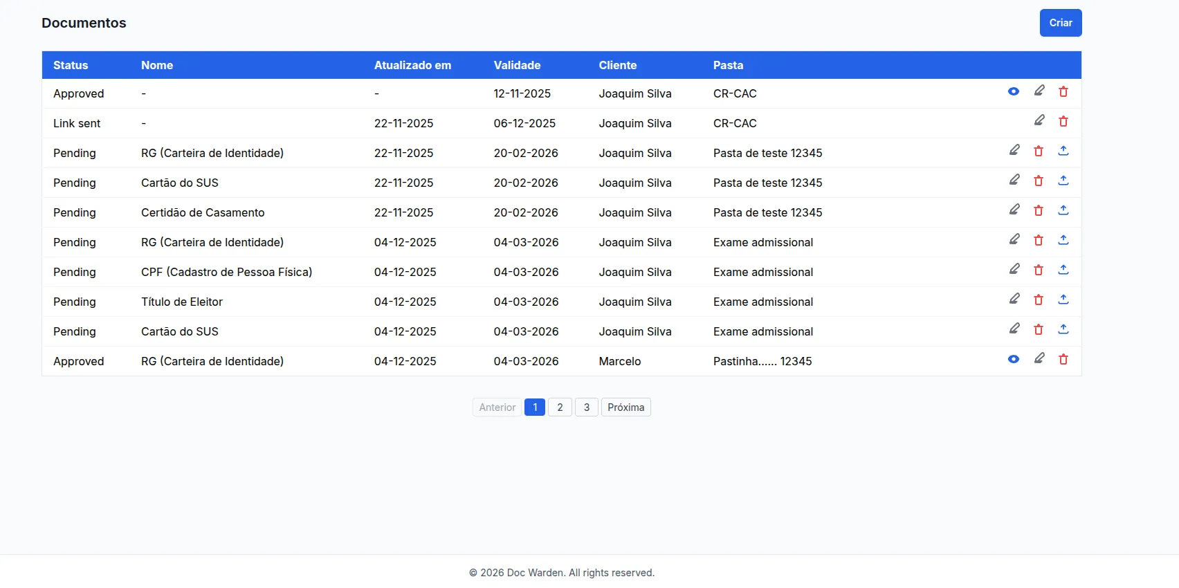 Sistema em operação: Doc em Dia: controle de documentos, prazos e pendências